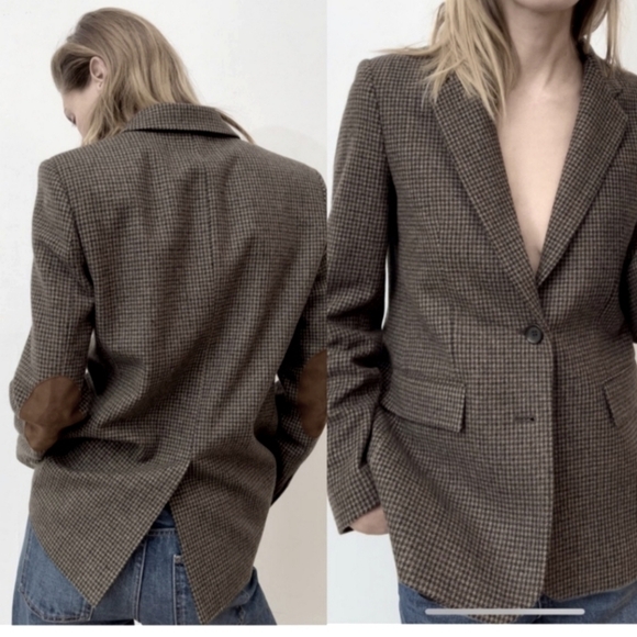 Zara Jackets & Blazers - Zara Wool Blend Blazer Sz M Brown Houndstooth Plaid Tailored Career Old Money
